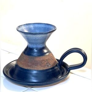 Handmade Ceramic Studio Art Pottery Dark Blue Oil Lamp w/Handle Signed 4.5 in